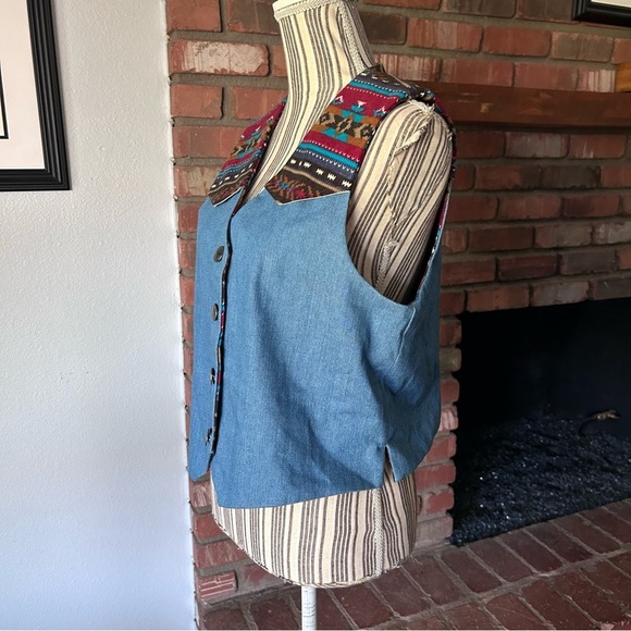 Vintage Handmade Western Aztec Print Denim Vest Sz M/L - Picture 5 of 9